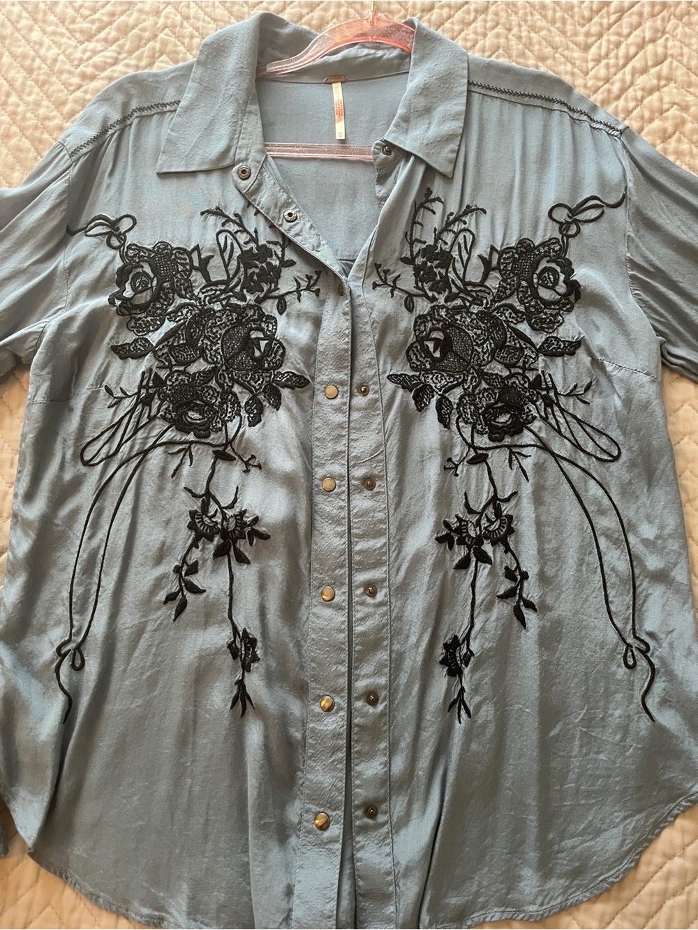 Free People Light Blue Snap Shirt with Black Floral Embroidery - Picture 3 of 10